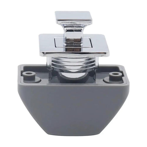 Close-up of RV Push Button Cabinet Locks Latch, gray nylon and stainless steel, 15mm panel, durable for motorhome use