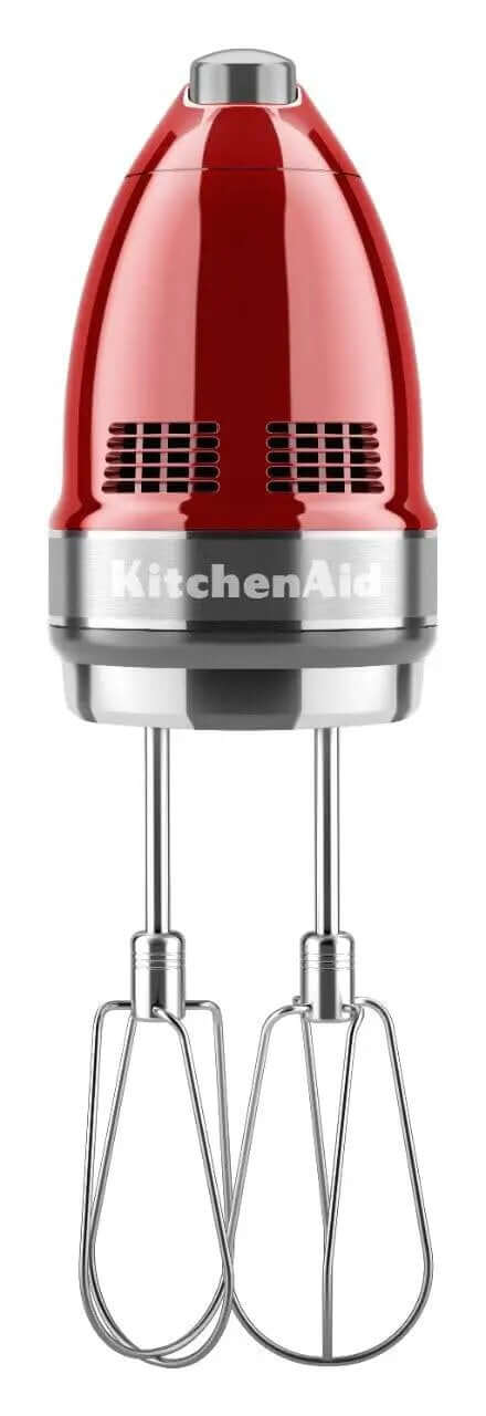 Killer Performance Nine Speed Hand Mixer Featuring A Vibrant Candy Apple Red Design And Durable Attachments For No Sweat Battering And Fast Cleanup Jobs Around The House.