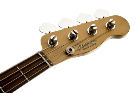 Mike Dirnt Roadworn Precision Bass RW White Blonde With Classic 51 And 55 P Bass Styling Modern Punk Pop Tone From Custom 59 Split Single Coil Nitrocellulose Road Worn Finish Hardshell Case Included, Fender Precision Bass headstock close-up