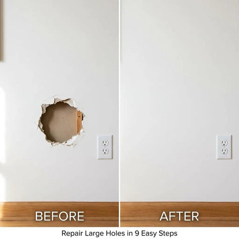 Before and after wall repair using 34 Piece Drywall Repair Kit For Large Holes And Cracks That Wont Break The Bank Includes 12x12 Inch Patch Saw Wood Backing Boards Spackle Mesh Tape Pencil And More For Quick Easy DIY Wall Repair.
