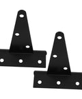 Pair of black metal extended T-shaped hinges with multiple mounting holes for wood gates and fences