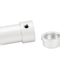Aluminum motor shaft coupling with mounting hub, angled view, silver, two-piece set