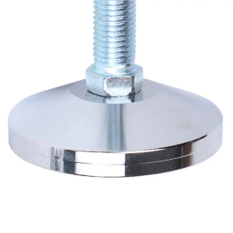 Close-up of Tough As Nails Heavy Duty Adjustable Leveling Feet with shiny thickened carbon steel base and threaded mount.