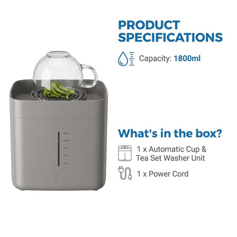 Automatic Desktop Cup Washer With 1.8L Tank Electric Glass Rinser Fits Mugs And Wine Glasses Quick Jet Spray No Plumbing Required showing specifications and contents.