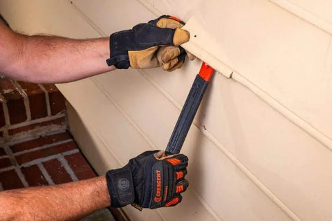 Using 13 Inch Flat Pry Bar With Beefy Grip for Demolition and Nail Removal on siding, Precision Ground Ends for Clean Access.