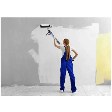 Top Notch Storage Injection Paint Roller Set With Built In Pipette For A Slick No Mess Polyurethane Finish Includes Four Heavy Duty Decorative Cylinders Perfect For Any Weekend Warrior Project in use by a woman painting a wall.