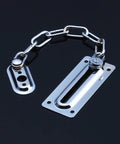 Four Piece Door Chain Lock Set With Six Screws Premium Stainless Steel Chain Locks For Inside Doors High Security Anti Theft Chain Lock System Allowing The Door To Open Slightly To Check Outside Durable Stainless Construction, shown on black background