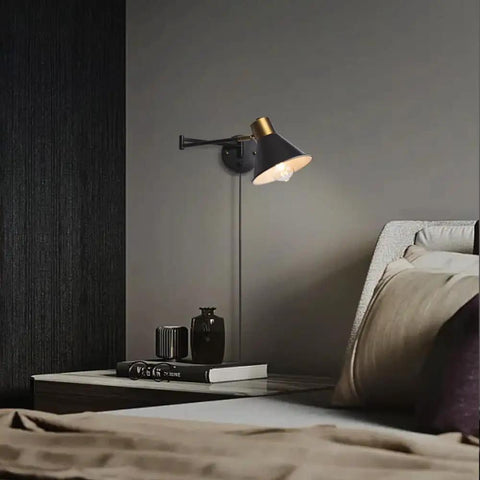 Plug In Wall Sconce With Swing Arm And Dimmer, Black Adjustable E26 Vanity Light For Indoor Bathroom, Bedroom, Hallway Or Living Room