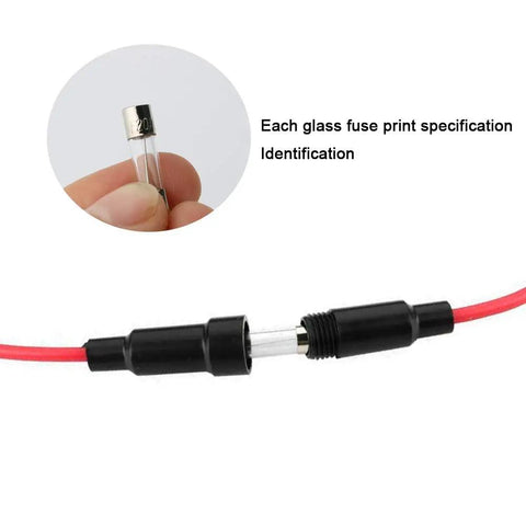 Rock Solid Auto Glass Tube Fuse Kit 150 Piece Assorted Set Loaded With 130 Fast Blow Fuses And Twenty Heavy Duty Holder Slots Packed Inside A Clear Box For Your Street Ready Rides, featuring a glass fuse held by a finger.
