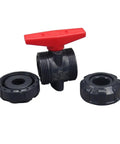 Rock Solid Pvc Ball Valve Union Shutoff Fittings For Plumbing And Water Lines Pro Grade, black valve with red handle and connectors.