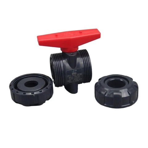 Rock Solid PVC Ball Valve Union Pipe Connector Offering Tight Leak Free Seal For Quick Plumbing Fittings And Water Line Adapter Hookup In Multiple Inner Diameter Sizes with red handle and two black connectors.