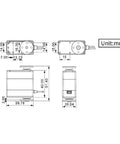 Technical diagram of Beefy 20Kg Torque RC Servo Motor With 25T Horn, Dual Ball Bearings, Aluminum Case dimensions and measurements in mm