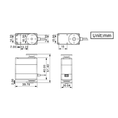 Technical diagram of Beefy 20Kg Torque RC Servo Motor With 25T Horn, Dual Ball Bearings, Aluminum Case dimensions and measurements in mm