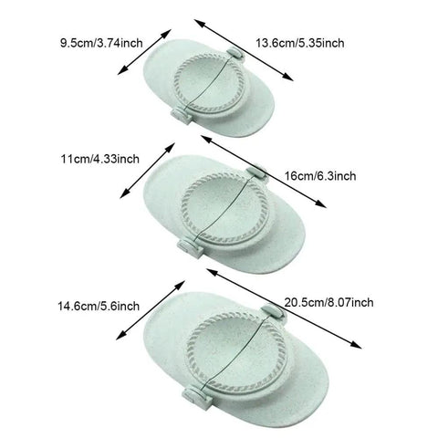 Hassle Free Wheat Straw Dumpling Press Three Sizes Foldable Kitchen Gadget showing size variations of 9.5cm, 11cm, and 14.6cm
