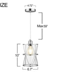 Modern Cylindrical Pendant Light With Dual Shade In Brushed Nickel And Clear Glass showing size dimensions.