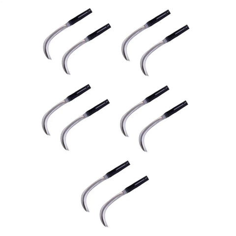10 Piece All In One Mowing Sickle Set With Rustproof Harvesting Tools For Gardening And Weeding Comfortable Handy One Hand Grip And Solid Wood Non Slip Handles For Efficient Yard Work showing array of curved blades with black handles