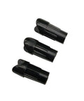 Three black half moon plastic arrow nocks, 18mm length, for 7.6mm ID crossbow bolts. 50 Pack Half Moon Plastic Arrow Nocks For 7.6mm ID Crossbow Bolts Replacement Nocks For Target Practice And Hunting Durable Black Arrow Tails Lightweight 18mm Length.