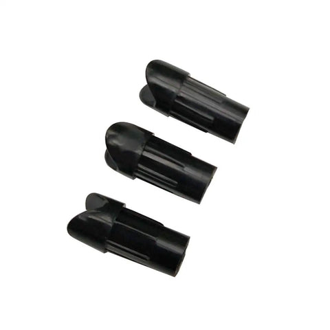 Three black half moon plastic arrow nocks, 18mm length, for 7.6mm ID crossbow bolts. 50 Pack Half Moon Plastic Arrow Nocks For 7.6mm ID Crossbow Bolts Replacement Nocks For Target Practice And Hunting Durable Black Arrow Tails Lightweight 18mm Length.