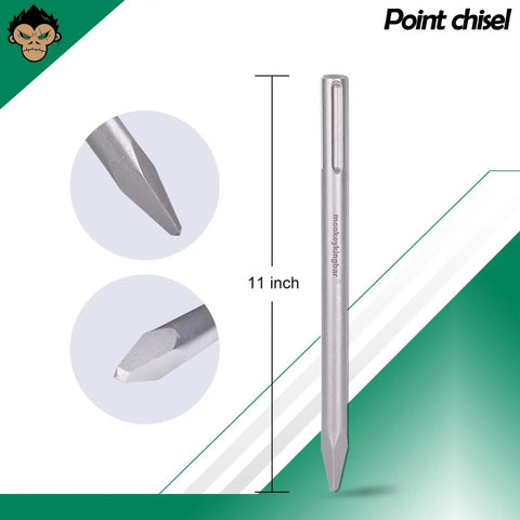 Close-up of 12 Inch SDS Max Drill Bit Set For Rotary Hammer Chisels Point Flat Scaling 3 Pieces With 18mm Shank Ideal For Tile Removal
