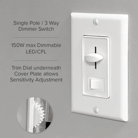 LED Dimmer Light Switch For Home Use 3 Way And Single Pole 600W Incandescent Max 150W Dimmable LED CFL Dimmable White Wall Plate Included Easy Slide Control Fits Modern Living Spaces Great For Dimming LED And Incandescent Lights In Any Room.