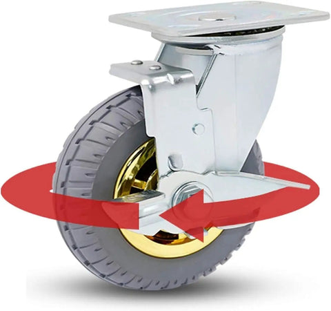 Top Shelf Heavy Duty Rubber Swivel Casters With 360 Silent Locking Brakes And Precision Ball Bearings For Furniture And Rolling Cabinets 5 Inch rubber wheel with a golden hub and steel bracket.