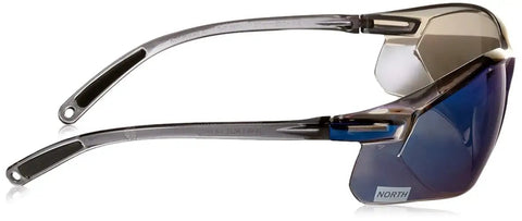 Built Tough Safety Glasses With Blue Mirror Polycarbonate Lenses And Super Comfy Wraparound Temples For Dead Clear Vision And Snug Secure Grip In Sleek Gray Finish Bulk Pack Of 10 side view showing blue mirror lenses and soft temple tips.