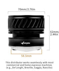 Universal 58mm Espresso Coffee Distributor With Gravity Tumbler For Standard Portafilters side view showing dimensions and sleek black design.