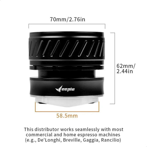 Universal 58mm Espresso Coffee Distributor With Gravity Tumbler For Standard Portafilters side view showing dimensions and sleek black design.