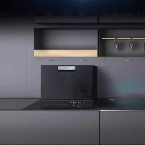 No Sweat Countertop Or Built In Dishwasher Fully Automatic Machine Handles Five Place Settings Crisp Clean Every Time, black unit on kitchen counter.