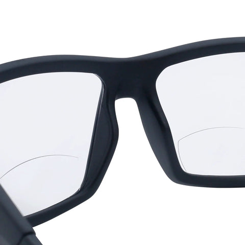 Rock Solid Safety Bifocal Glasses With Side Shields showing black frames and 2.0 diopter clarity lenses for effective use.
