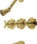Victorian Triple Handle Tub And Shower Faucet In Brushed Brass Finish For Traditional Bathrooms With Solid Brass Construction, Built To Last