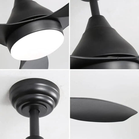 Close-up details of a 52 Inch Black Ceiling Fan With Remote And Light, showing blades, LED light, fixture base, and downrod mount.