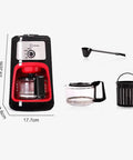Bean To Cup Coffee Maker Featuring Built In Grinder And 600Ml Glass Carafe Zero Hassle Reusable Filter Snap Open Anti Drip Lid 900W Rapid Brew Kit, showing black and red design with glass carafe and filter.