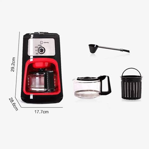 Bean To Cup Coffee Maker Featuring Built In Grinder And 600Ml Glass Carafe Zero Hassle Reusable Filter Snap Open Anti Drip Lid 900W Rapid Brew Kit, showing black and red design with glass carafe and filter.