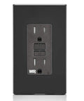 Rock Solid 15 Amp GFCI Outlet With Self Test Mode And Clear LED Status Light, black weather resistant plug front view.