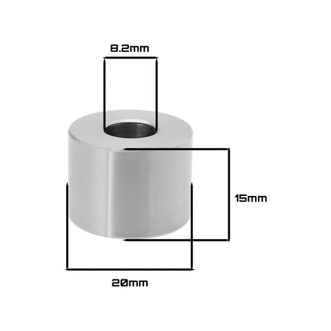 Hardcore Grade Eight Piece 304 Stainless Steel Spacer Sleeves M8 Unthreaded Bushings with dimensions 8.2mm ID, 20mm OD, 15mm thick.