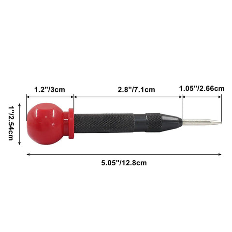 Heavy Duty Built Different Spring Loaded Center Punch 2 Pack With Adjustable Depth Control Brass Body And Heat Treated Steel Tip close-up, red grip, 5 inch size.