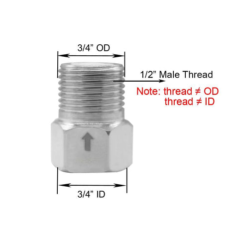 Stainless steel check valve, 1/2 in male to 1/2 in female, hex-nut body