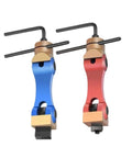 Built Tough Adjustable Locator Tool For CNC Mill Rigs Reliable Workpiece Stop Positioner in blue and red with M10 base.