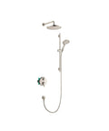 Solid Complete Shower System Featuring Smooth Three Spray Modes With Rapid Connect Handshower And Broad Rain Head Boasting Auto Temperature Control In Slick Brushed Nickel.