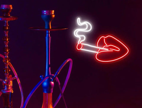 Custom Smoke LED Neon Sign for Bar Restaurant and Home Decor Personal Gift Wall Light Lit Neon Logo for Parties Mood Lighting 21x13 Inch Size 54x33 cm Durable Wall Accent showing red lips holding cigarette