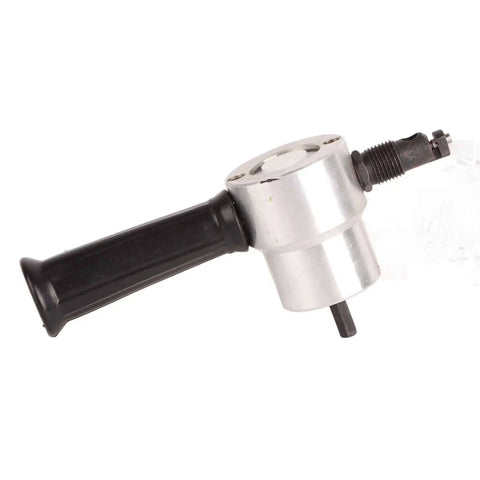 Dual Head 160A Metal Nibbler Drill Attachment showing 360-degree rotating heads and 6.35mm hex shank for metal sheet cutting