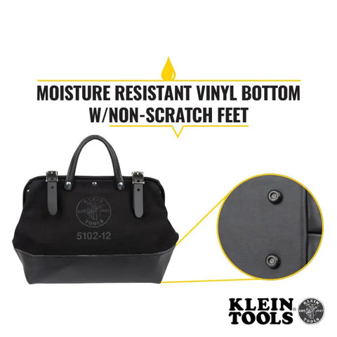 Heavy Duty Black Canvas Tool Bag With Wide Mouth Opening Leather Handles 12 Inch Tool Tote with vinyl bottom