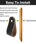Installation steps for Leather Drawer Pulls 2.5 Inch Black Single Hole Soft Leather Handles with screws and board illustration
