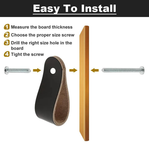 Installation steps for Leather Drawer Pulls 2.5 Inch Black Single Hole Soft Leather Handles with screws and board illustration