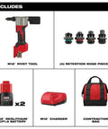 M12 Blind Rivet Tool Kit One Eighth Inch Riveter For Workhorse Heavy Duty Riveting, 0.8 Inch Stroke, 2000 Lbs Pull, 1.55 Inch Nose Reach, Fits 3/32 To 3/16 Inch Rivets For Aluminum Steel And Stainless Materials., kit with tool, nose pieces, batteries, charger, and contractor bag