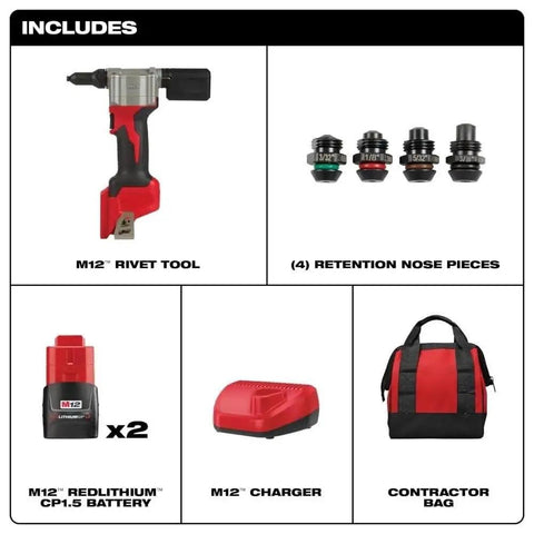 M12 Blind Rivet Tool Kit One Eighth Inch Riveter For Workhorse Heavy Duty Riveting, 0.8 Inch Stroke, 2000 Lbs Pull, 1.55 Inch Nose Reach, Fits 3/32 To 3/16 Inch Rivets For Aluminum Steel And Stainless Materials., kit with tool, nose pieces, batteries, charger, and contractor bag