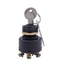 Ignition switch with key for automotive use, black plastic and metal, three terminals visible at the base, key inserted in the lock.