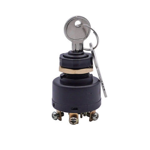 Ignition switch with key for automotive use, black plastic and metal, three terminals visible at the base, key inserted in the lock.