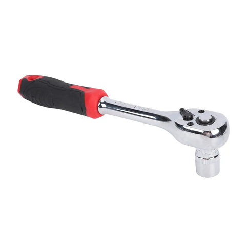 Three Eighth Inch Drive Socket Wrench Set With 72 Tooth Ratchet And Quick Release Bit Driver, chrome steel wrench with black handle